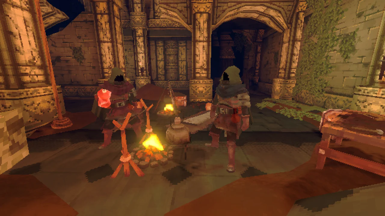 Three adventurers gathered around a cooking fire inside a carved stone dungeon
